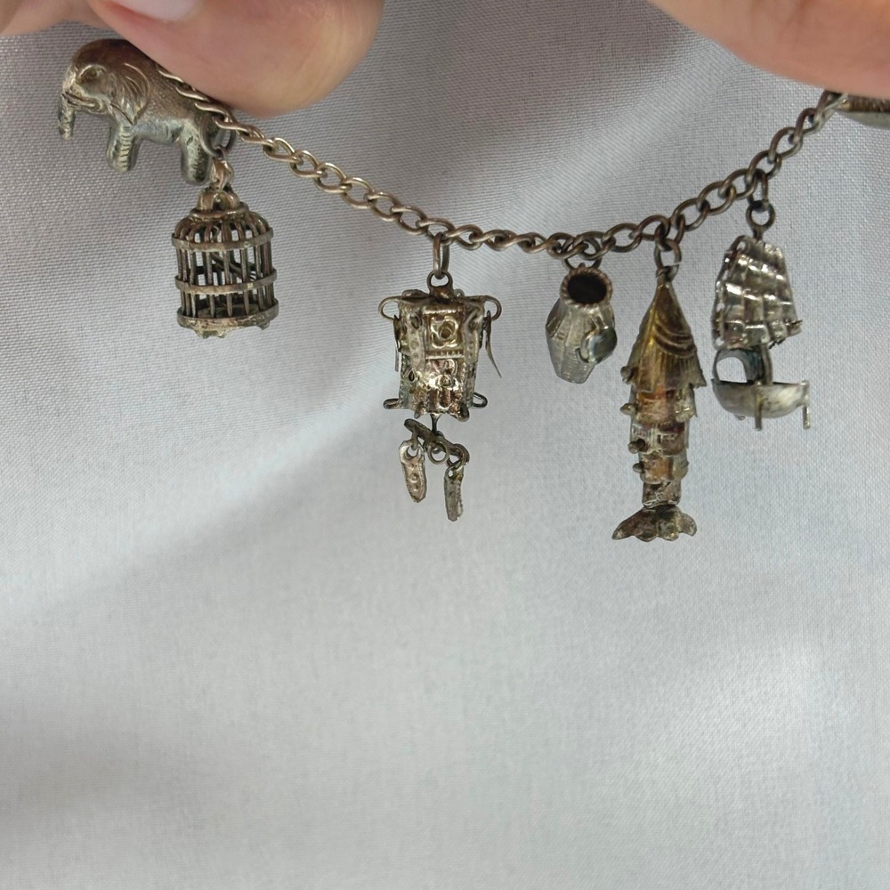 Vintage Chinese Export Silver 12 Charm Bracelet OS Silver Fair Articulated Fish - Picture 8 of 16